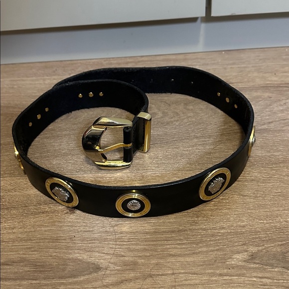 Versace Vintage Medusa Black Leather Gold Accents Belt